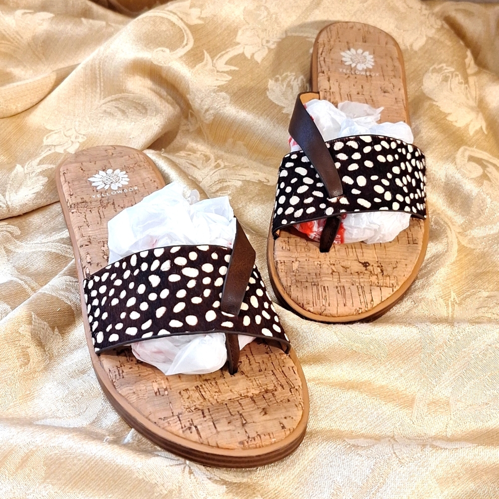 Yellowbox Barann Brown White Polka-dots Leather Thong Sandals